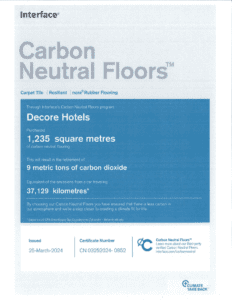 Through Interface's Carbon Neutral Floors program Decore Hotels Purchased 1,235 square metres of carbon neutral flooring   This will result in the retirement of 9 metric tons of carbon dioxide  Equivalent of the emissions from a car traveling 37,129 kilometres* By choosing our Carbon Neutral Floors you have ensured that there is less carbon in our atmosphere  and we're a step closer to creating a climate fit for life